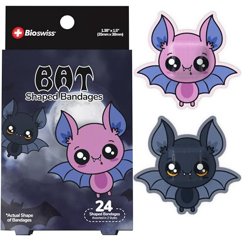 BioSwiss Bandages, Halloween Bat Shaped Self Adhesive Bandage Set, Latex Free, Sterile Wound Care, 24 Count