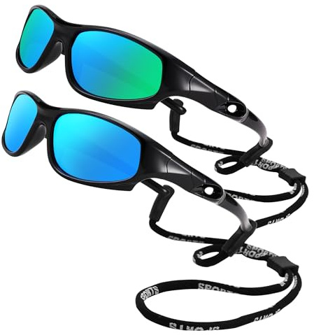 LIU·WEN Kids Sports Polarized Sunglasses - Flexible Youth Baseball Beach Sun Glass With Strap for Boys Girls Age 4-12(Black/Green Mirrored + Black/Blue Mirrored)