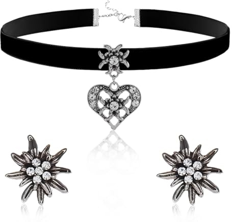 WUSJCOF 3 Stück Trachtenschmuck Set Damen Dirndlschmuck für Oktoberfest Trachtenkette mit Edelweiß Kropfband und Ohrstecker Samt Halskette mit Herz Anhänger Dirndl Accessoires