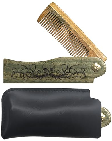CHGCRAFT Artistic Skull Folding Wooden Comb Foldable Beard Comb Carved Wooden Combs Fine Tooth Hair Combs with Imitation Leather Protective Cover for Men Grooming Mustaches Head Hair Husband Gift