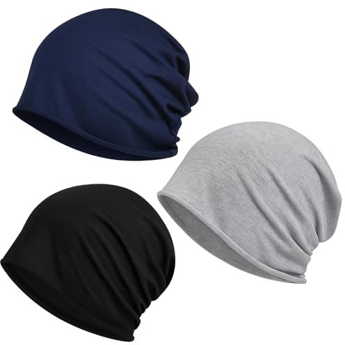 DqiUnaX Chemo Kopfbedeckung Damen, Dünne Mütze Herren, 3er Pack Beanie, Atmungsaktive Baumwollmützen für Chemotherapie, Schlafmütze, Farben: Blau, Schwarz, Hellgrau, Größe: 56-58 cm