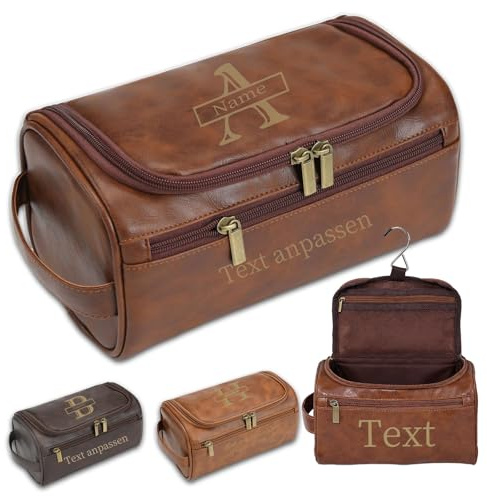 Personalizzata Beauty Case da Viaggio Uomo in Pelle, Idea Regalo per Papà o Nonno, San Valentino, Compleanno (Marrone scuro)