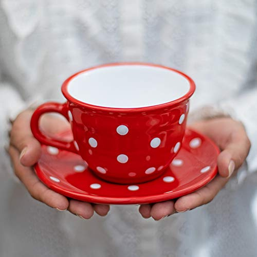City to Cottage - Keramik Kaffebecher Teetasse 350 ml Rot und Weiß, Polka Dots Handgemacht Kaffeetasse mit Untertasse, Cappuccino Tasse