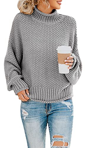 Saodimallsu Suéter de Cuello Alto Oversize para Mujer Jersey de Manga Larga Murciélago Pullover Holgado de Tejido Grueso, L