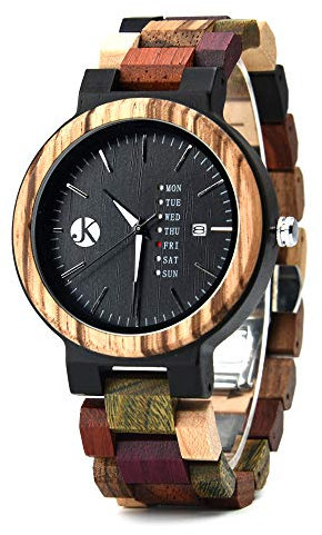 Kim Johanson Herren Holz-Edelstahl Armbanduhr *Colorful Week* mit Datum- & Tagesanzeige Handgefertigt Quarz Analog Uhr inkl. Geschenkbox