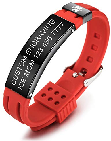 MOWOM Medical Braccialetto Personalizzato con Incisione in Silicone identificativo Regolabile per Uomo Donna Bambini in Acciaio Inossidabile Gomma- (Pacchetto con Carta di Emergenza, Supporto)