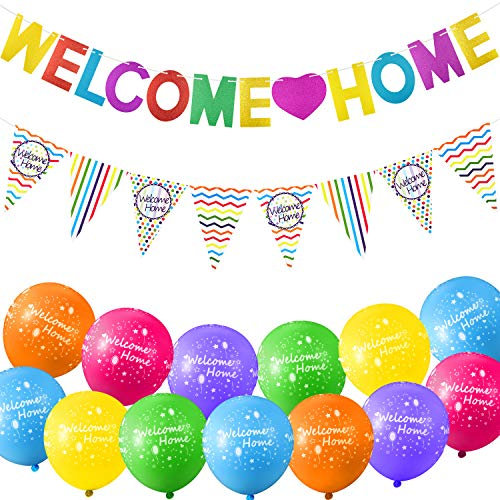 Juego de Pancartas y Globos Welcome Home de 26 Piezas Incluye 24 Globos Tropicales Welcome Home, Banner Brillante Welcome Home, 12 Banderas de Banderines para Decoración de Hogar Fiesta Familiar