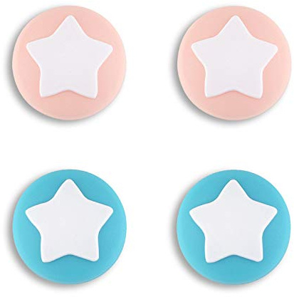 eXtremeRate PlayVital Star Design Cute Switch Thumb Grip Caps, Mandys Pink & Bondi Blue Joystick Caps for Nintendo Switch Lite, Silicone Analog Cover Thumbstick Grips for Switch OLED Joycon
