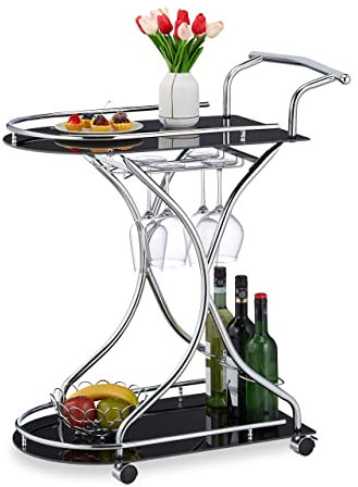 Relaxdays Servierwagen, 2 Etagen, Flaschen- & Gläserhalter, Glas & Chrom, HBT: 88x76x49 cm, Küchenwagen, schwarz/Silber