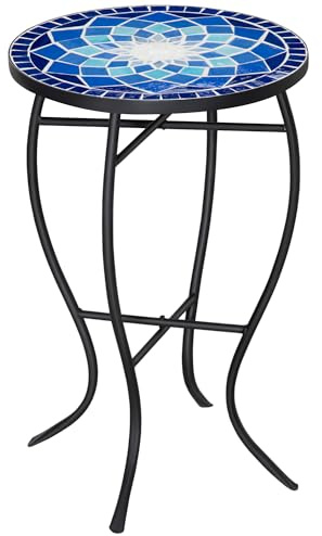 Outsunny Table de Jardin Ronde Ø35.5x53.5cm Bleu et Blanc | Cadre métallique avec plateau céramique, design mosaïque