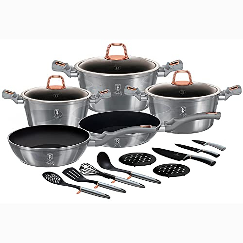 Berlinger Haus Moonlight Batterie de cuisine à induction, marbre sans PFOA, 3 casseroles, 3 couvercles en verre, 2 poêles, 3 couteaux, 4 ustensiles, 2 dessous de plat, gris