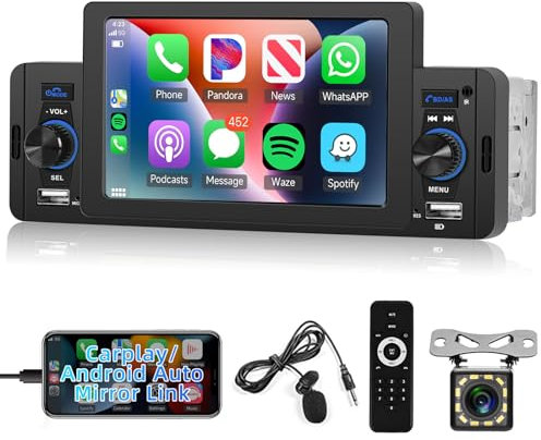 Hodozzy 1 Din Autoradio Carplay Android Auto,5 Zoll Touchscreen Bildschirm Radio FM-Radio Stereo mit Mirror Link Bluetooth USB/AUX-In/SD-Kartenanschluss SWC + Rückfahrkamera Car MP5-Player