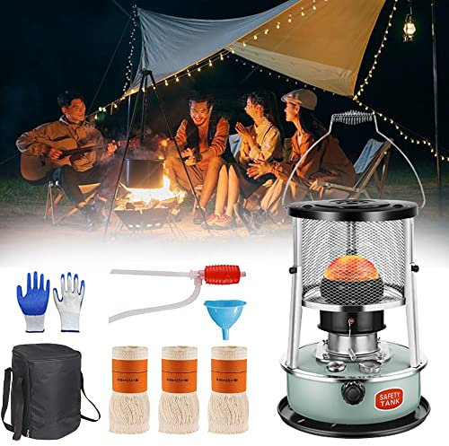 vikitim Non Electric Kerosene Stove High Efficiency Kerosene Heater, Heating Kerosene Burner with 3 Wicks and Gloves for Indoor Tent Heating Camping Oil Heater Green