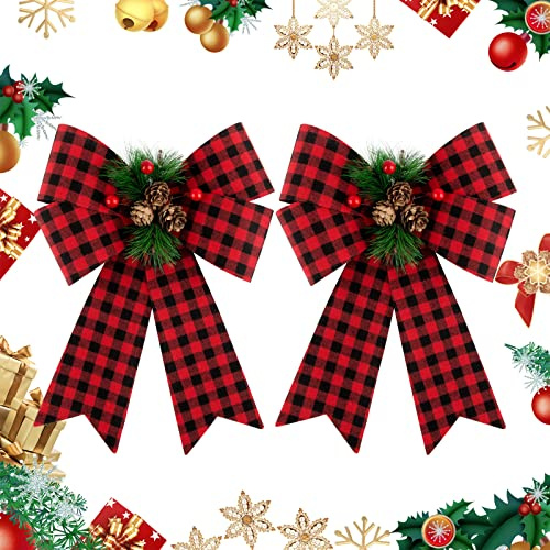 2PCS Noeuds de Noël 30x22.8cm Grande Taille Nœuds Papillons avec Pomme de Pin pour Sapin de Noël Décoration de Noël Emballage Cadeau Guirlande Voiture Mariage