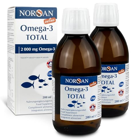 NORSAN Premium Omega 3 Fischöl Total Naturell hochdosiert 2er Pack (2x 200 ml) - 2.000mg Omega 3 pro Portion - hochwertiges Öl 1120mg EPA & 536mg DHA und mit 800 IE Vitamin D3
