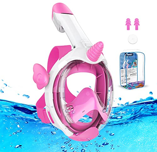 Kkdi Kids Snorkel Mask, Full Face Snorkel Mask for Kid 4-16, Foldable Snorkeling Gear for Kids Snorkeling Set for Swimming Pool Toys, Dry Top, Anti-Leak/Anti-Fog /180° HD View/Portable Bag