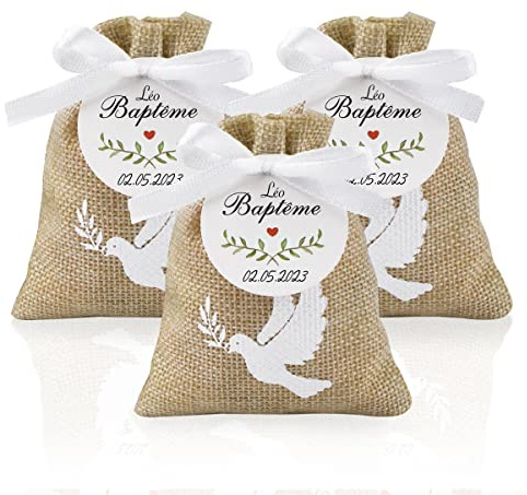 10Pcs Sachet Jute 10Pcs Etiquette Baptême Pochette Dragée Motif Colombe 10 * 8cm Cadeau Invité Décoration pour Baptême avec Ruban