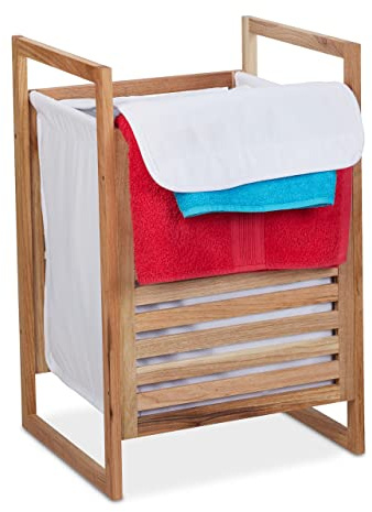Relaxdays Wäschekorb Walnuss, HBT: 60 x 40 x 35 cm, Wäschesammler mit Deckel, 50 L, für Schmutzwäsche im Bad, Natur/weiß