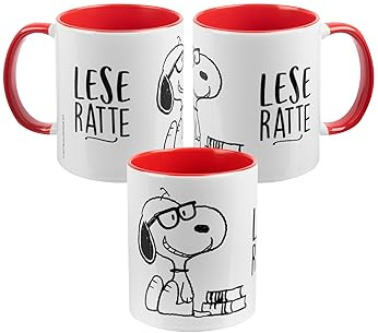 The Peanuts Tasse Snoopy - Leseratte Kaffeetasse Becher Kaffeebecher aus Keramik Rot Weiß 320 ml