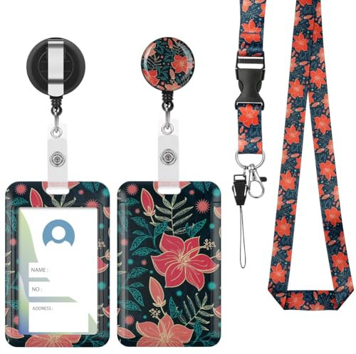 Vicloon Lanyard mit ID Kartenhalte, 2 Stücke Einziehbare Badge Holders Ausweishülle, Ausweishalter mit Clip, Schlüsselbänder mit Schnellverschluss Schnalle(große rote Blüten)
