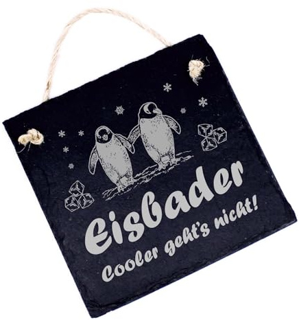 Schild Eisbaden graviert - Eisbader, cooler gehts nicht - Türschild Pinguin Schiefer Winterdeko 11 x 11 cm