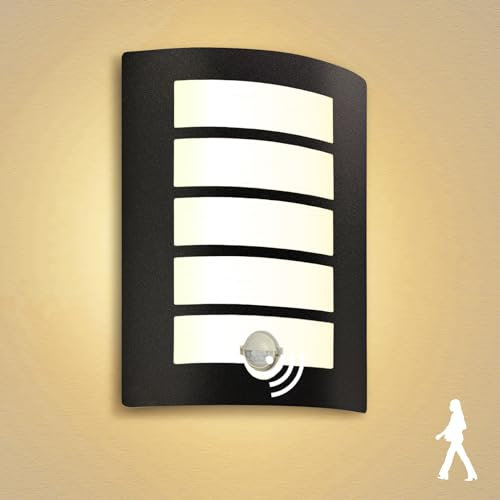 Allesgute Aussenlampe mit Bewegungsmelder E27 Wandlampe IP44 Eckig Außenlampe Schwarz Matt Edelstahl ABS Wandleuchte Aussen für Hauswand Balkon inkl.1x 12W 1200lm LED Warmweiß Glühbirne