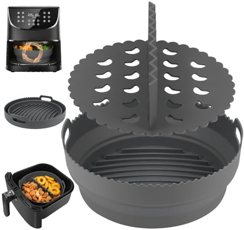 BYKITCHEN Airfryer Silikonform für Ninja Airfryer Max 5,2L AF160EU AF150EUCP, Airfryer Zubehör für COSORI 4.7L-5.5L, Ninja Speedi 5.7L, Cecotec 5.5L, Rund Heißluftfritteuse Backform mit Trennwänden