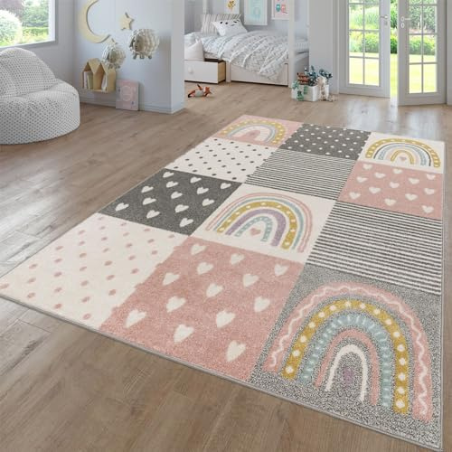 TT Home Tappeto Bambini Cameretta Bambina Ragazzi Moderno Arcobaleno Nuvola Motivo Con Animale Colorato, Colore:Grigio Rosa Crema, Dimensione:80x150 cm
