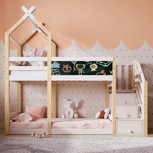 Zravenna Hochbett 90x200cm, Hausbett für 2 Kinder, Etagenbett mit Tafel, Baumhaus Bett mit Speicherung und Rausfallschutz, Natur (Natur)