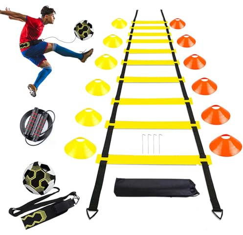 AOPUETRX Set de entrenamiento de fútbol como regalo para niños con escalera de coordinación de 6 m, 12 conos y entrenador de fútbol con cinturón de cadera ajustable, cuerda de saltar