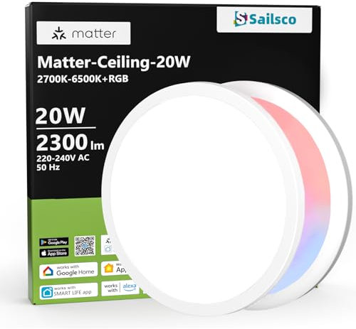 sailsco Deckenlampe LED 20W,RGBIC LED Deckenleuchte,Smart Deckenleuchte Kompatibel mit Matter/HomeKit/Alexa/Google Home,2300lm,2700K-6500K Dimmable für Schlafzimmer Flur Balkon Küche (Ø29cm)