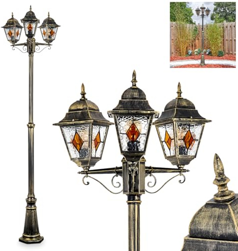 HOFSTEIN Kandelaber Chatelain, Außenwegeleuchte aus Metall/Glas in Schwarz/Gold/Klar/Bernstein, verstellbare Wegeleuchte im Vintage/Antik/Landhaus-Design für Garten, Außenbereich, 235 cm, E27, IP44