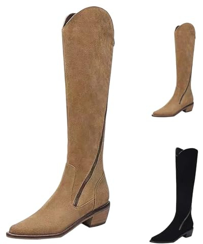 Generico Botas Altas Mujer con Tacón Occidental, Troncos, Equitación, Camperos, Texanos, Botas de Punta, Elásticas, Curvy Boots, Tacón Medio, Cremallera, Beige, 38 EU