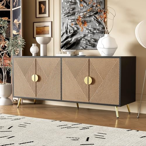 NIUAWASA Sideboard Wohnzimmer 160x40x75cm, Kommode mit 4 Türen Goldene Gebürstete Griffe und Hochglanz Tischbeine Komodenschrank