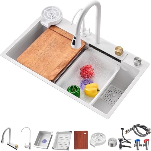 Cascada Fregadero De Cocina De Acero Inoxidable, De Un Solo Tazón, Con Nano Revestimiento (Blanco, 80x45x20cm)