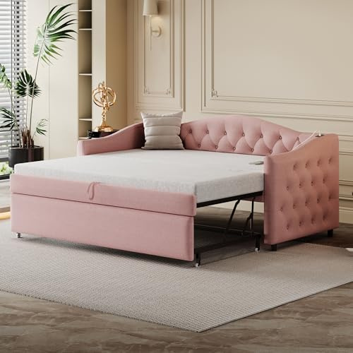 NNJN Polsterbett Ausziehbares Schlafsofa, 90 * 200 cm, Mit USB-Anschluss, Klassische Form mit Knöpfen mit Lattenrost, Multifunktionsbett - Gästebett, Leinenstoff (Matratze Nicht enthalten) (Rosa)