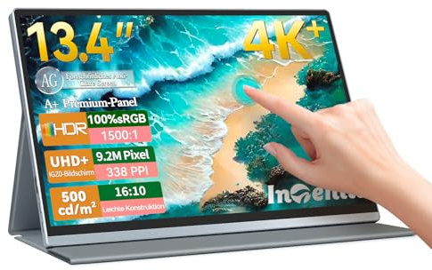 Intehill 4K Tragbarer Monitor, 13,4 Zoll Touchscreen Monitor IGZO Anti-Glare Touch Screen, 10-Punkt Multi-Touch, HDR, sRGB 100%, Eingebaute Lautsprecher, VESA, Dual USB-C,HDMI for Laptop