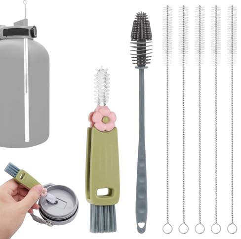 7pcs Water Bottle Cleaner Brush Set, Including 5 Straw Cleaner with Silicone Extra Long Handle Bottle Brush & 3 in 1 Cup Lid Cleaning Brush Reusable Cup Straw Brush for Cleaning