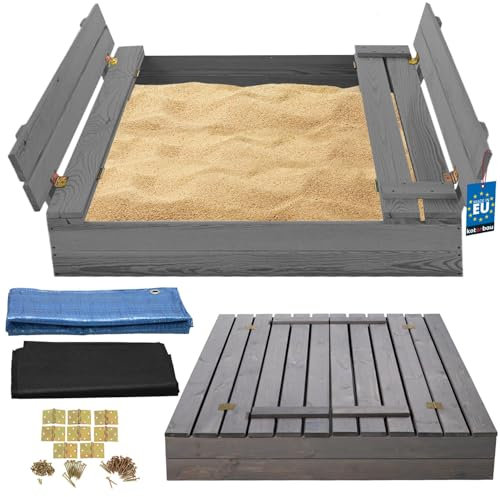 KOTARBAU® Sabbiera con copertura 100 x 100 cm, grigia, grande sabbiera in legno con panchina e coperchio, giocattolo da giardino per bambini, impregnato con panche
