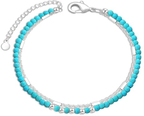 VIVILE Gold Silber Türkis Perlen Fußkettchen für Damen und Mädchen,Festival und Strand Accessoires,Handmade Boho Fußkettchen Größenverstellbar,Wasserfester Schmuck
