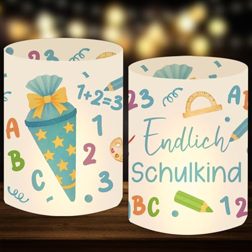 12 Windlicht Tischdeko Einschulung Junge, Endlich Schulkind 2025 Junge Deko, Schulanfang Deko mit Bunten Schultüte ABC, Geeignet für Teelichter oder Kerzen