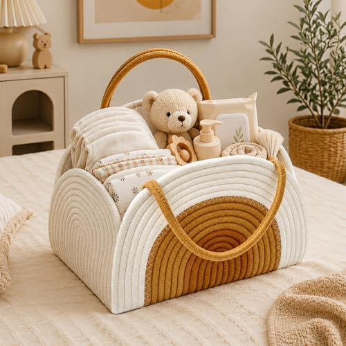 Afenau Cestino Porta Pannolini, Portatile Organizer Fasciatoio per Neonati con Divisorio Rimovibile e Manici, Organizer per Pannolini, Organizzatore per Pannolini per Regali Neonati, Bianco Marrone