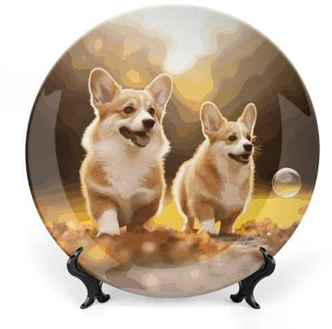 Rkklvbns Assiettes décoratives en porcelaine anglaise avec support de présentation - 25,4 cm - Motif chien corgi - Pour la maison et le bureau - Décoration murale