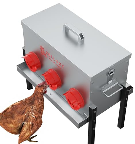 Automatischer Hühner-Futterspender mit Futtertrog, 13,6 kg, verzinktes Metall, Geflügel-Futterspender mit verstellbarer Höhe, Verriegelungsdeckel, kein Abfall, Futterbox für Küken, Enten, (6