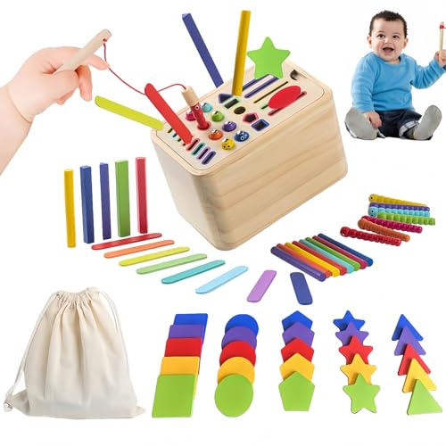 Sudadera Montessori Spielzeug ab 2 Jahre, Holz Steckspiel mit Magnetischen Angelspiel für Farben & Formen Lernen, Feinmotorik & Hand-Auge-Koordination Training