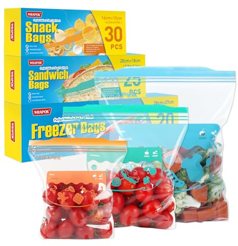 WRAPOK 75 Pcs Zip Lock Freezer Bags Large Food Bag Plastic Ziplock Storage Reusable Sandwich Bag for Kitchen(3 Sizes)
