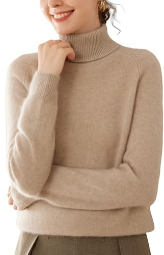 DISSA MH560 - Maglione da donna in cashmere e lana, a maniche lunghe, con collo alto, in tinta unita, Cammello luminoso, 46