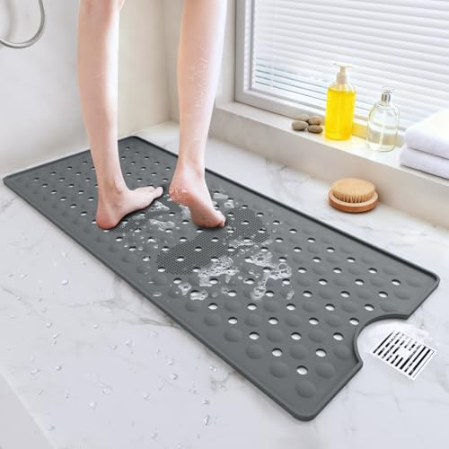 Bath Mat Non Slip Anti Mould, 90 x 40 cm Long Shower Mats with Suction Cups, Machine Washable Bath Slip Mat for Floor and Tub, Soft Silicone Material, Grey