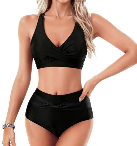 Women's 2 Piece Bikini Set High Waist Swimsuit with Adjustable Shoulder Straps Beach Holiday Swimming Costume for Pool Vacation Spa (UK, Alpha, M, Regular, Regular, Black)