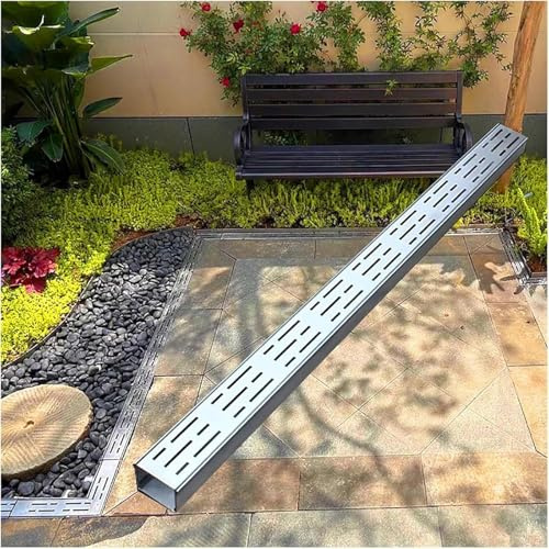 Slim Stainless Steel Trench Drain for Driveways & Pools 304 Outdoor Deck Drainage System with Grate 15x8cm (6x3.1in) - Durable Efficient Water Management Solution